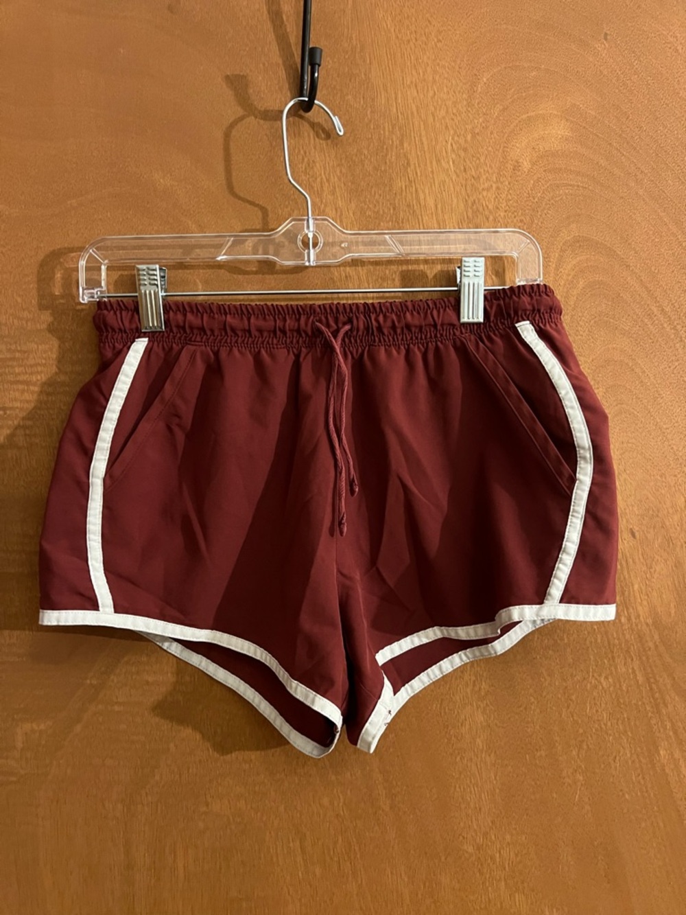Women’s Maroon Athletic Shorts with White Trim and Drawstring